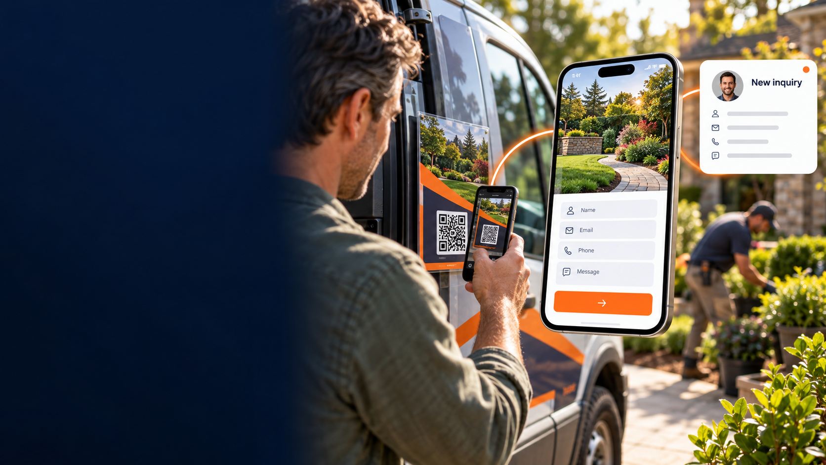 A customer scanning a QR code that becomes a new lead for a landscaping business