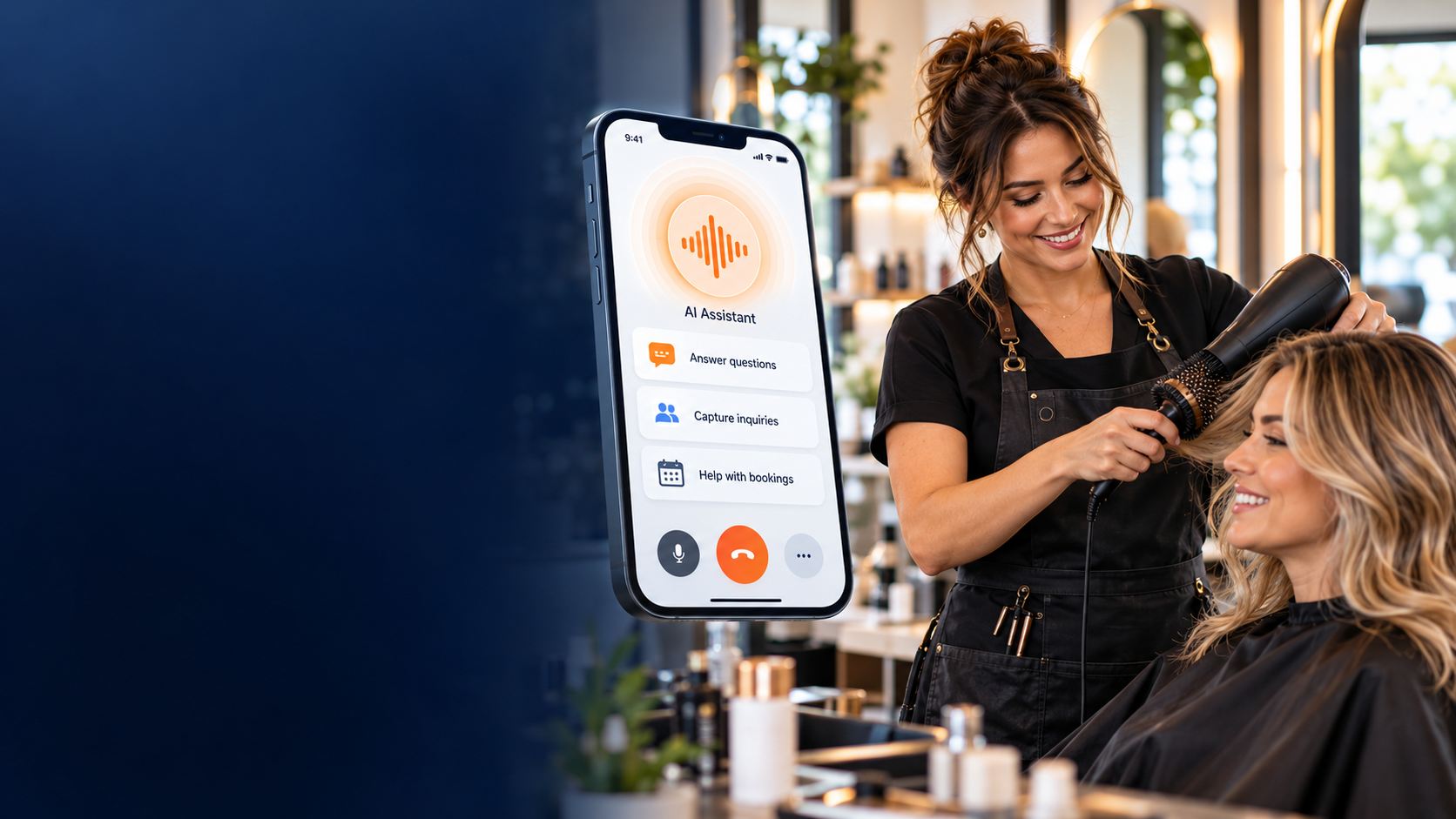 A stylist working with a client while an AI assistant on a phone answers questions and helps with bookings